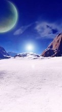 Descargar la imagen Invierno,Fantasía,Cielo,Planetas,Montañas,Sol para celular gratis.