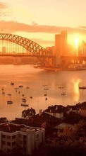 Descargar la imagen Paisaje,Ciudades,Puentes,Puesta del sol,Barcos,Sydney para celular gratis.