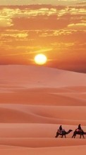 Descargar la imagen Paisaje,Puesta del sol,Arena,Desierto,Camellos para celular gratis.